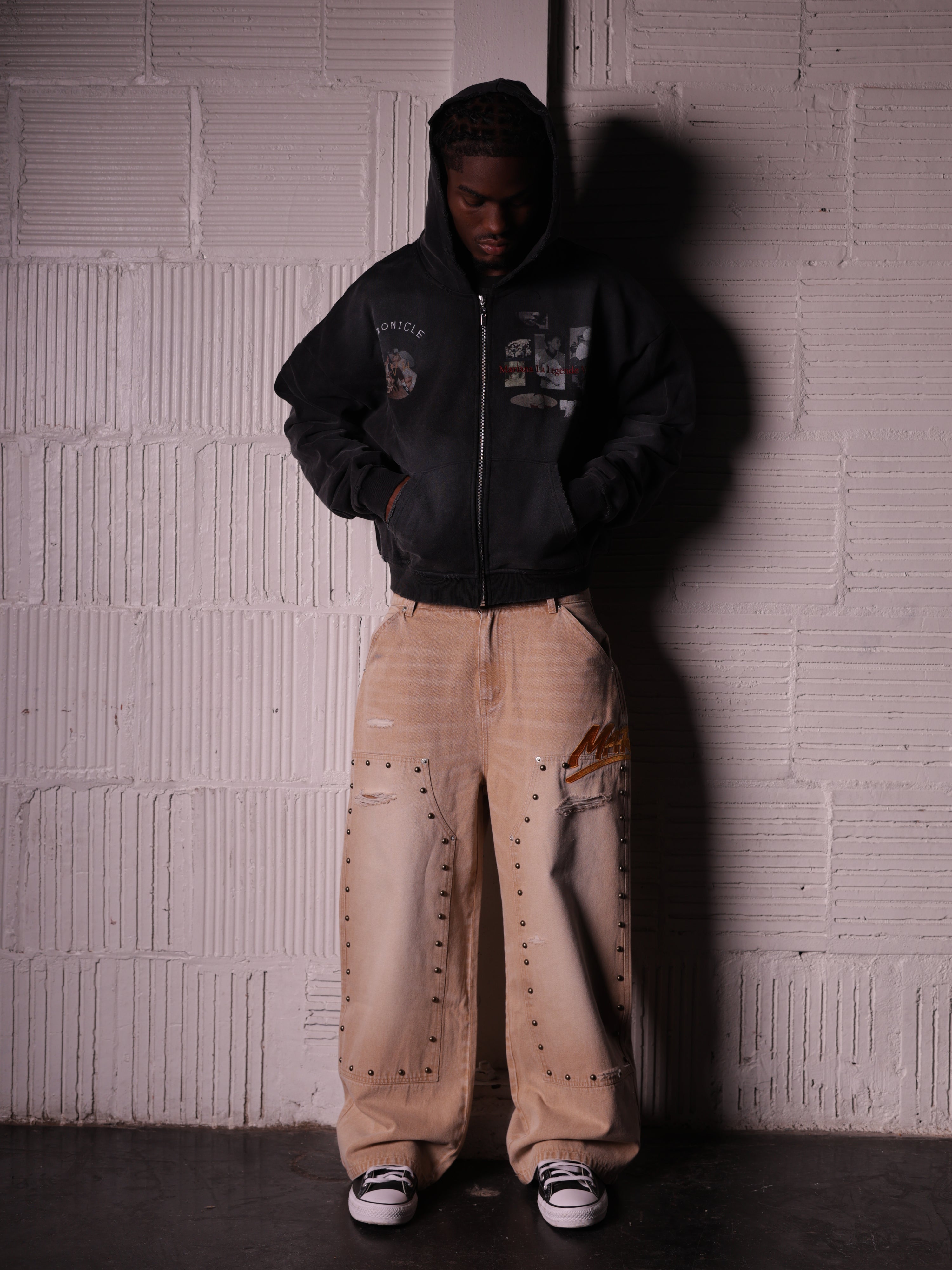 KHAKI STUDDED CARPENTER DENIM PANTS