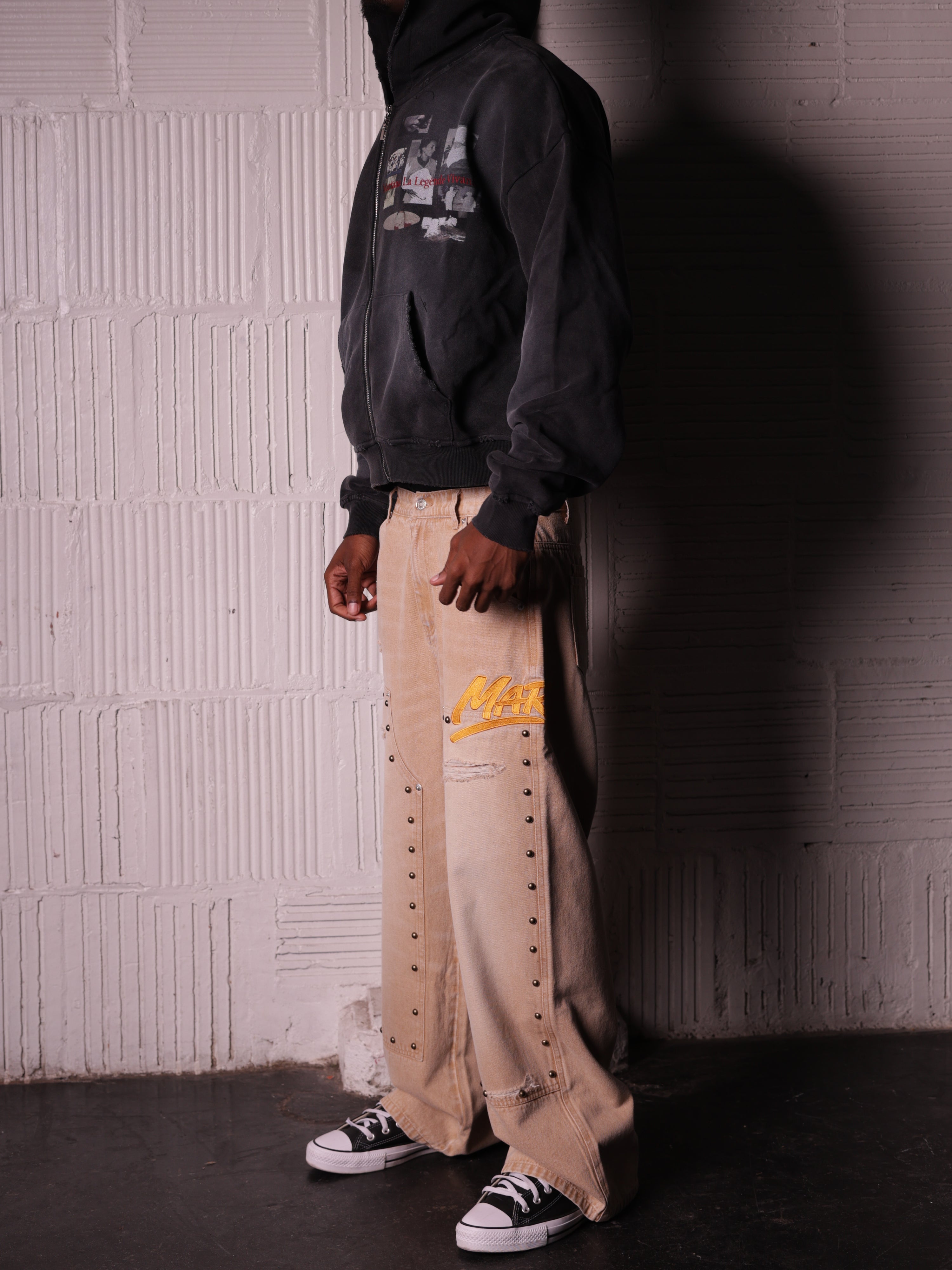 KHAKI STUDDED CARPENTER DENIM PANTS