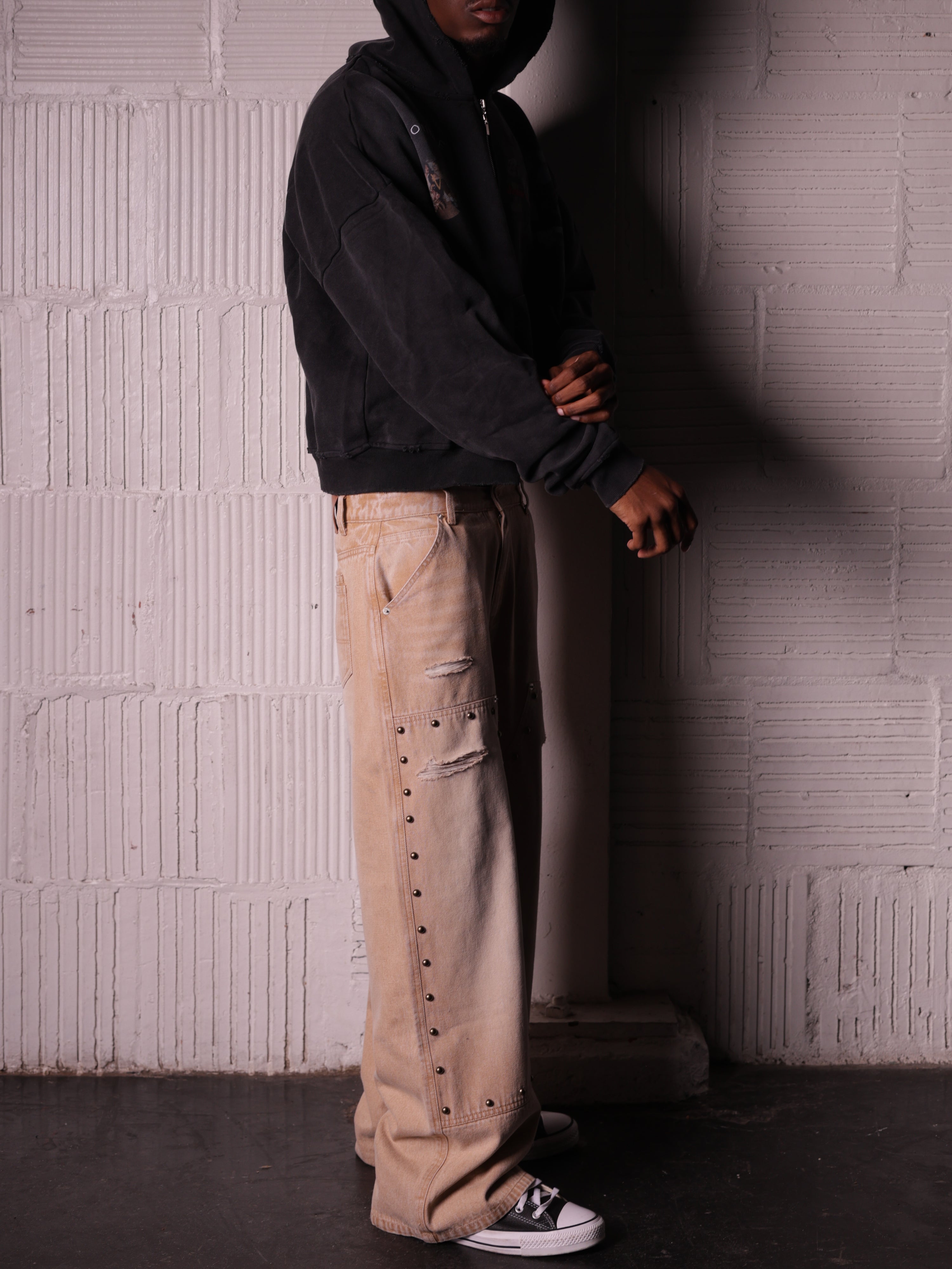 KHAKI STUDDED CARPENTER DENIM PANTS