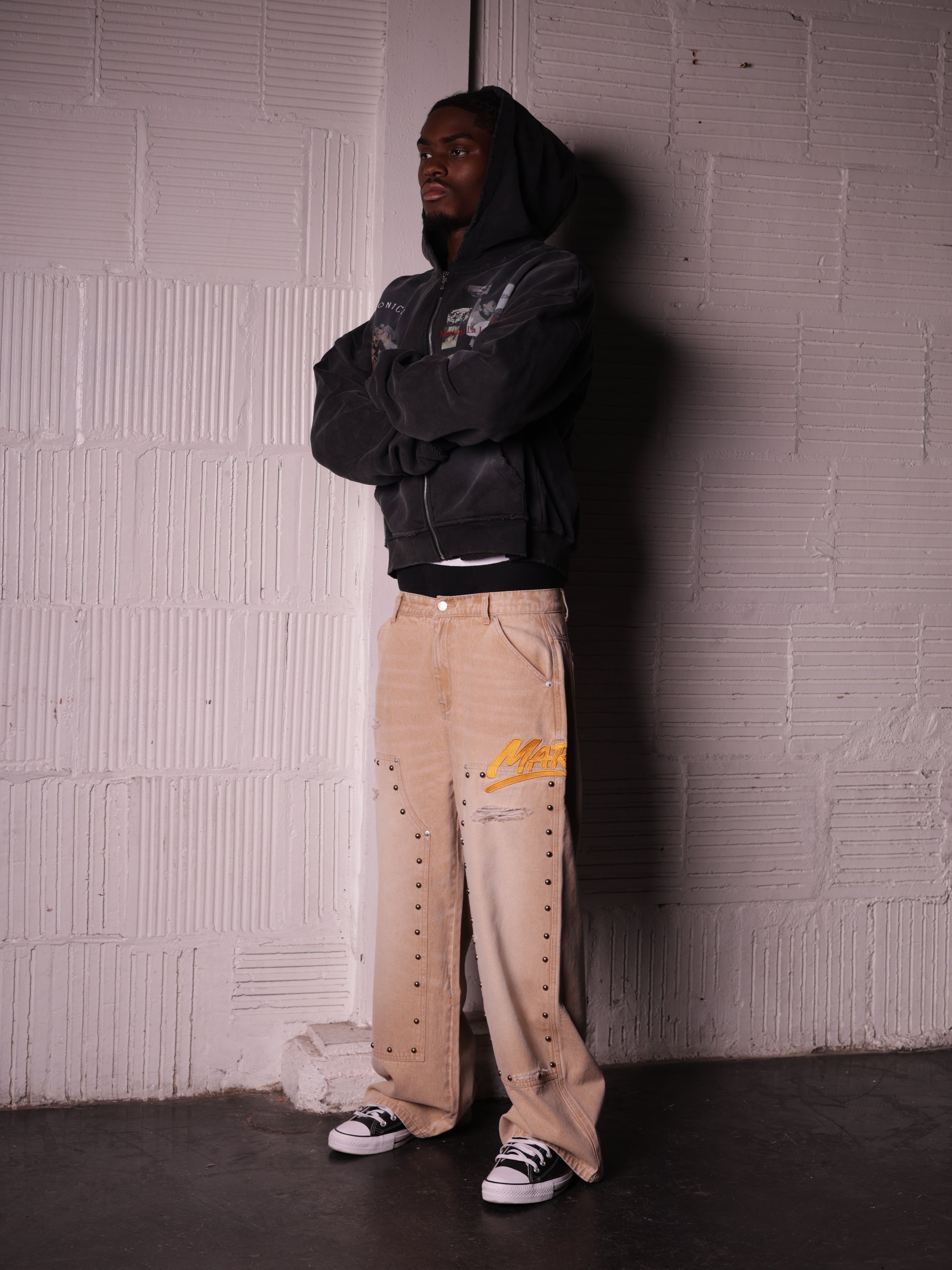 KHAKI STUDDED CARPENTER DENIM PANTS