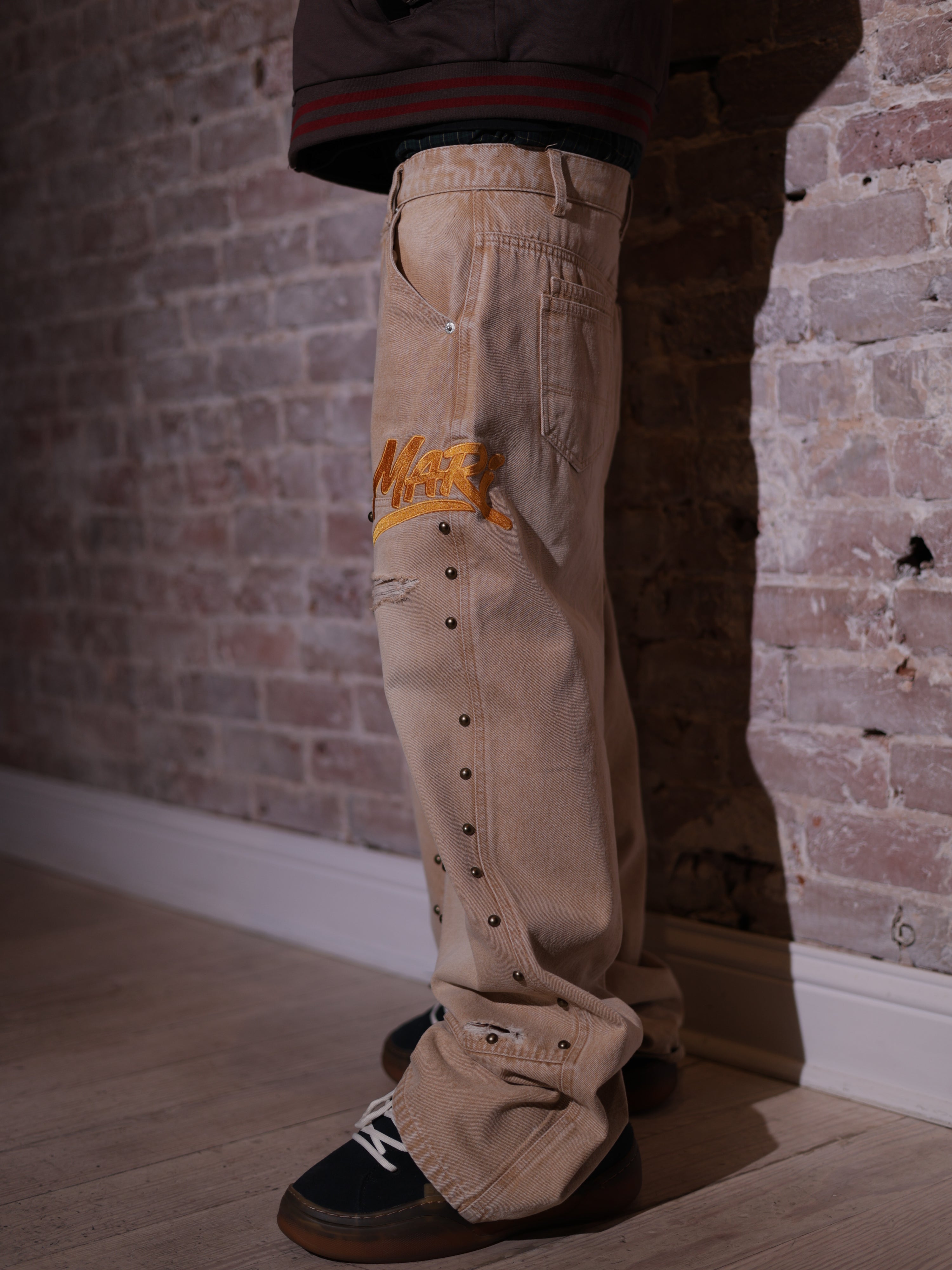 KHAKI STUDDED CARPENTER DENIM PANTS