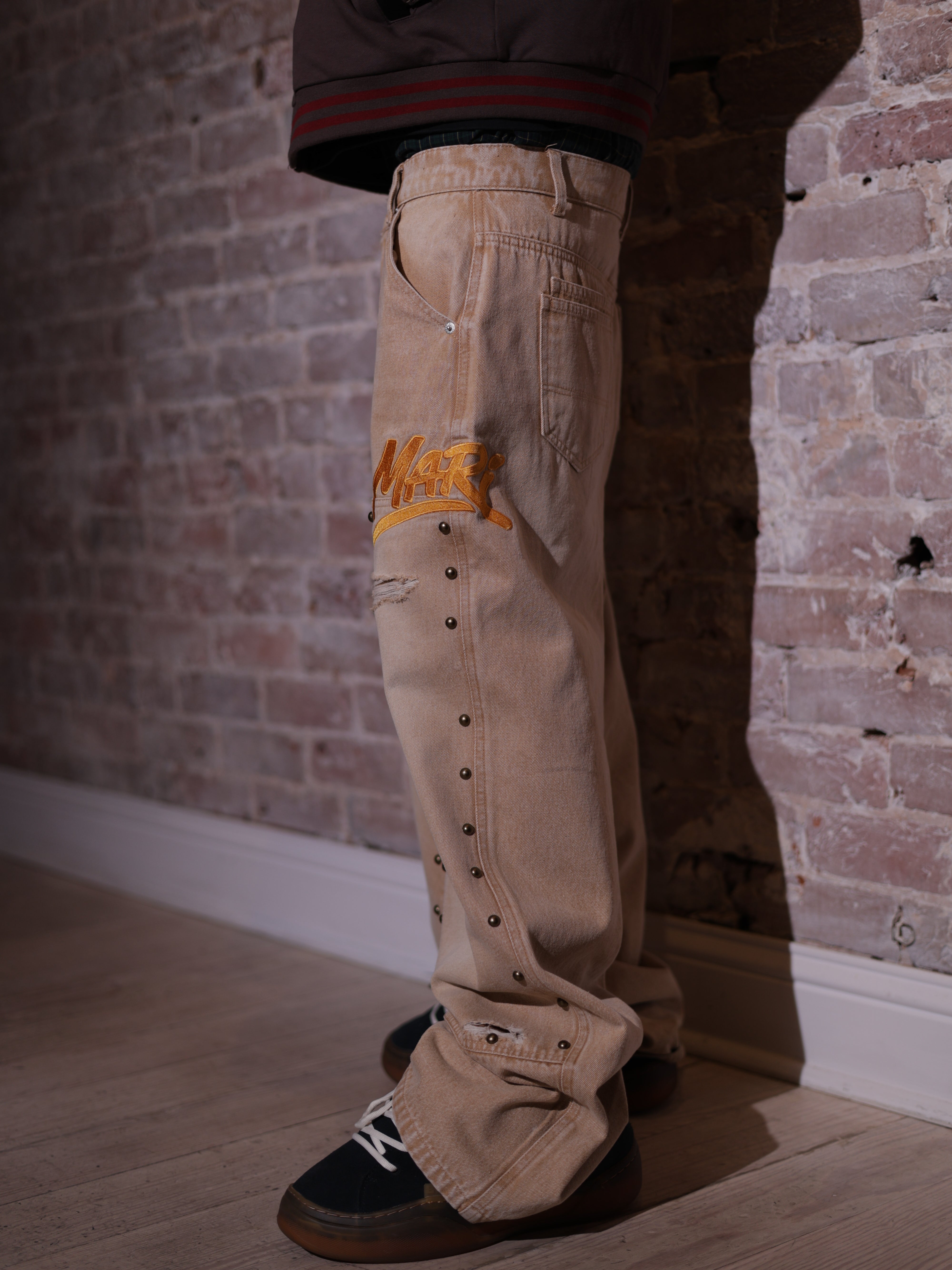 KHAKI STUDDED CARPENTER DENIM PANTS