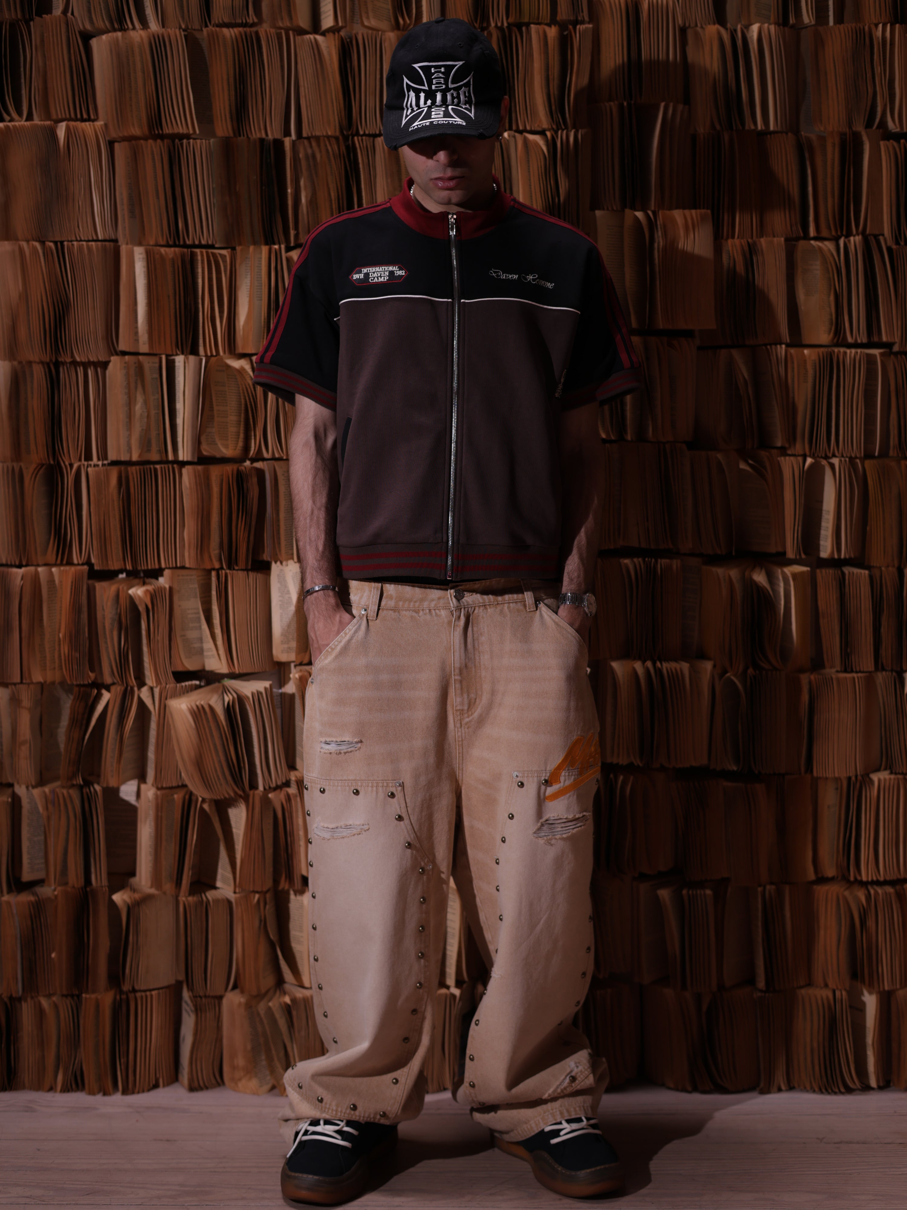 KHAKI STUDDED CARPENTER DENIM PANTS