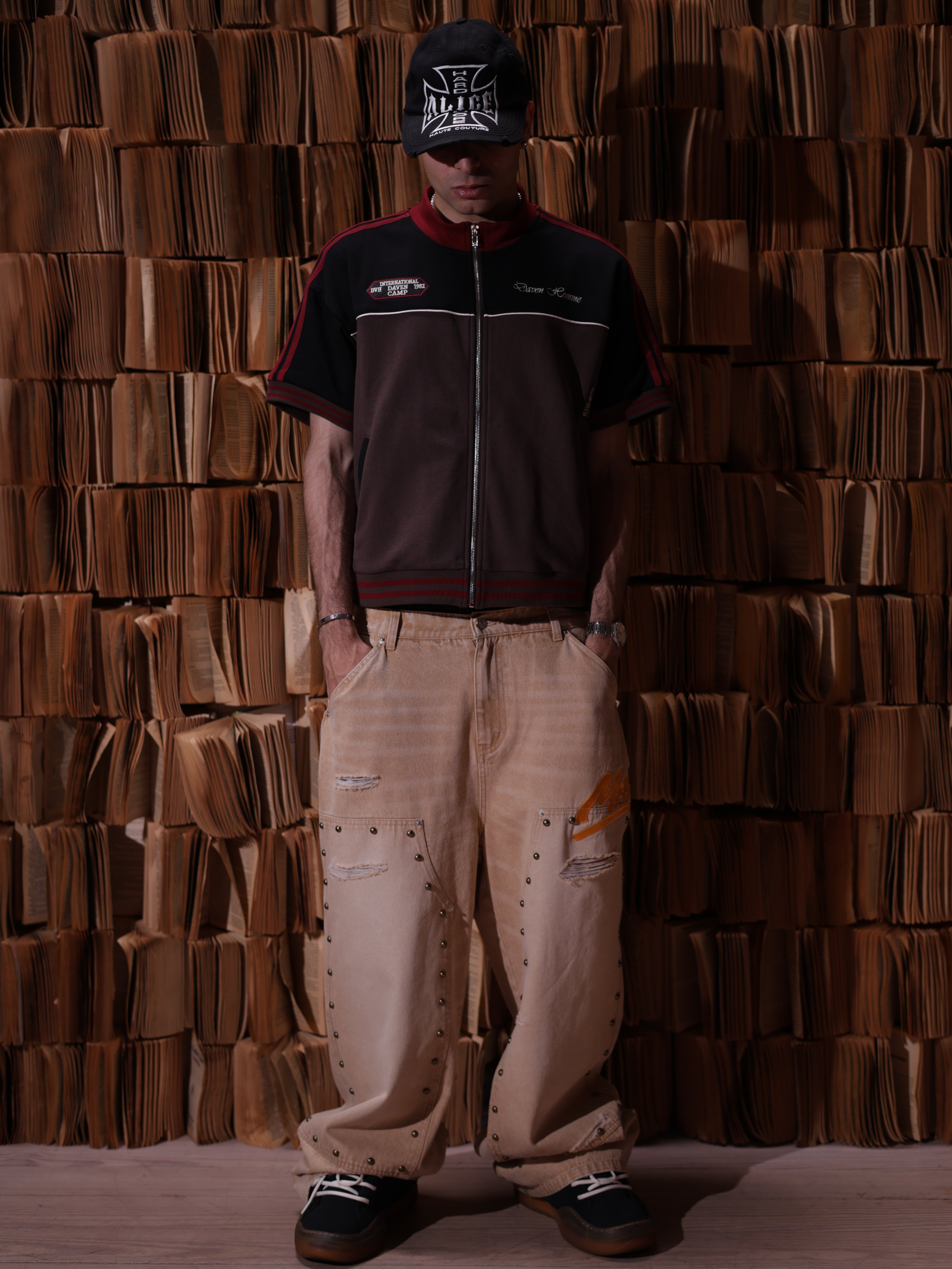 KHAKI STUDDED CARPENTER DENIM PANTS