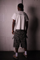 DOUBLE KNEEL HELLEN DENIM CAMO SHORTS