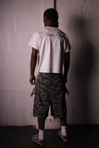 DOUBLE KNEEL HELLEN DENIM CAMO SHORTS