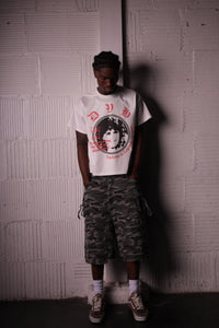 DOUBLE KNEEL HELLEN DENIM CAMO SHORTS