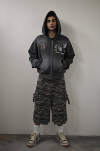 DOUBLE KNEEL HELLEN DENIM CAMO SHORTS